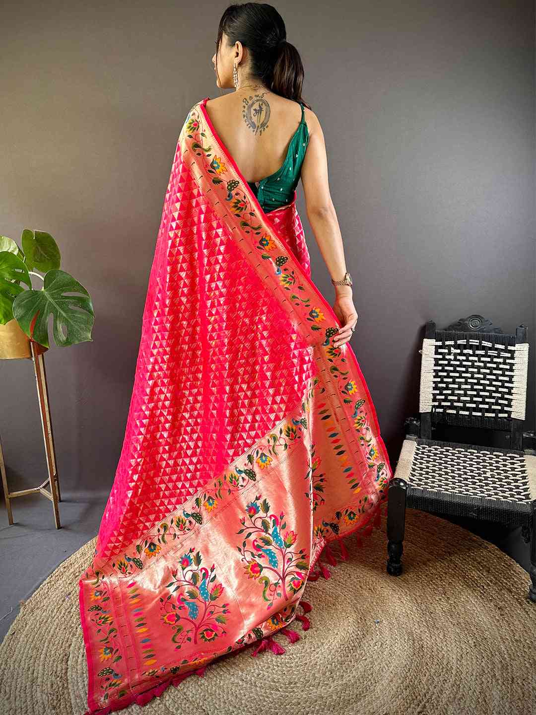 Pink Silk Blend Woven Zari Work Paithani Saree by My Store