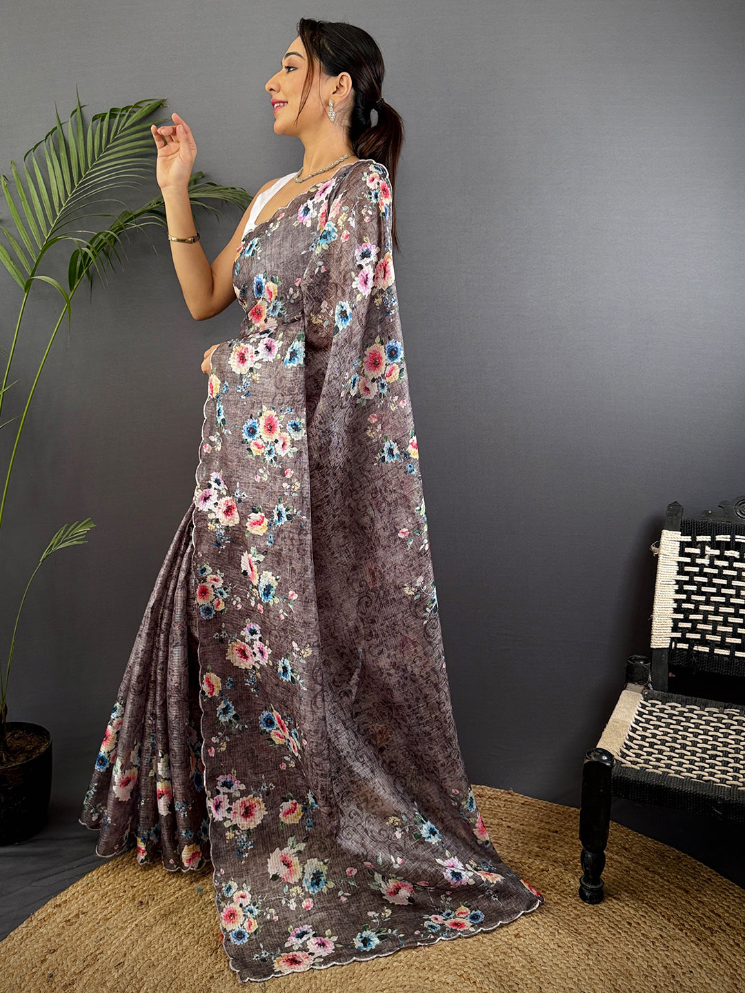 Charcoal Brown Kota Floral Digital Cut Work Saree by My Store