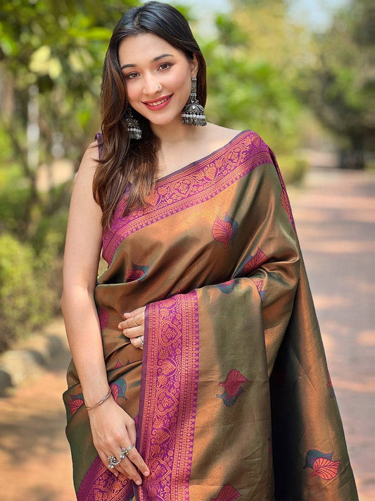 Midium Bronze Kanjivaram Tissue Saree With Gold Zari Weaving by My Store