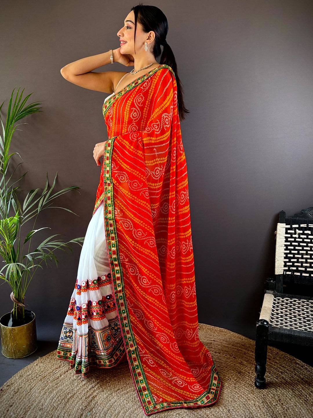 Orange Soft Georgette Katchi Embroidery Saree by My Store
