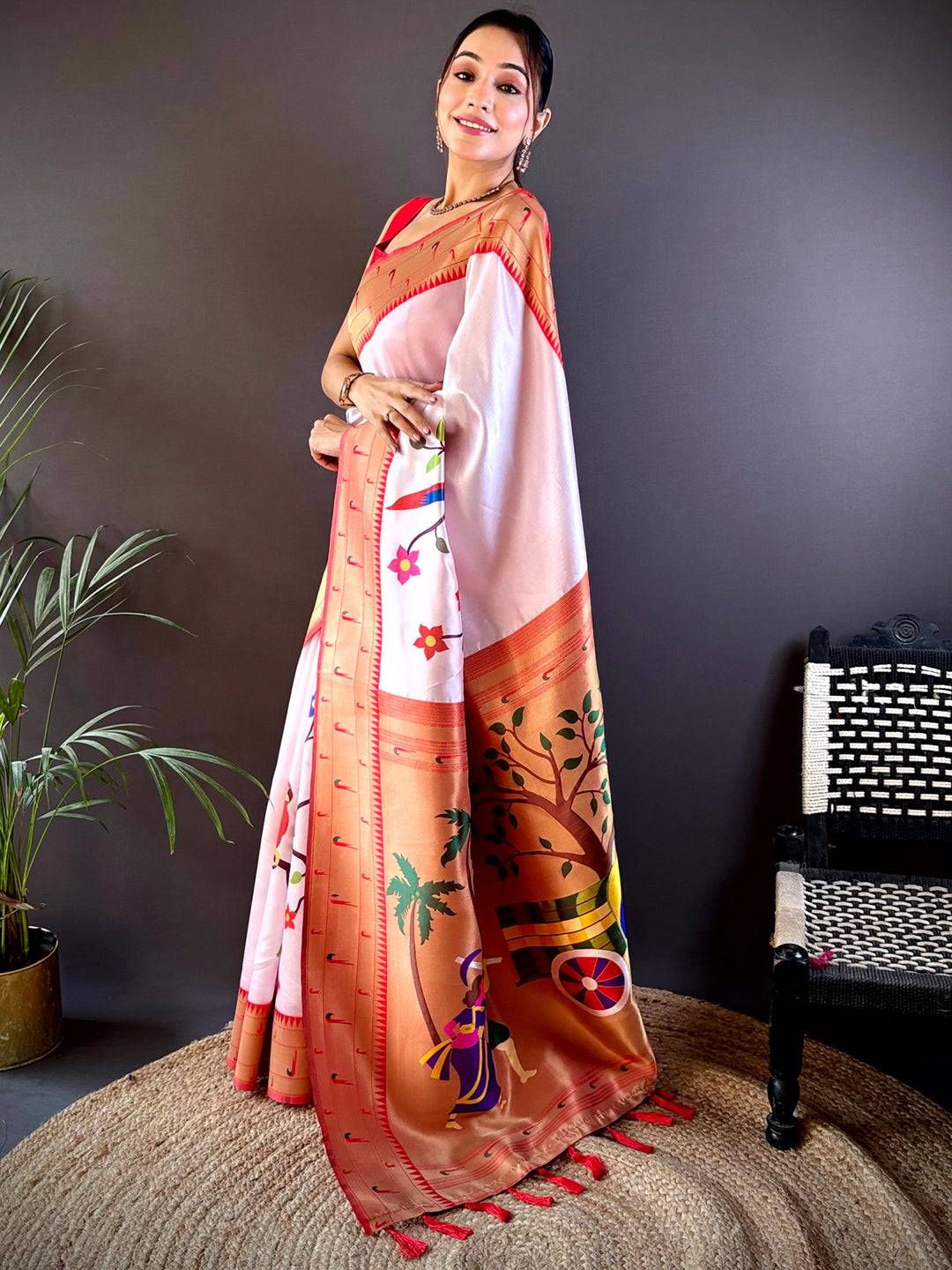 Minakari Soft Silk Bird Print Saree by My Store