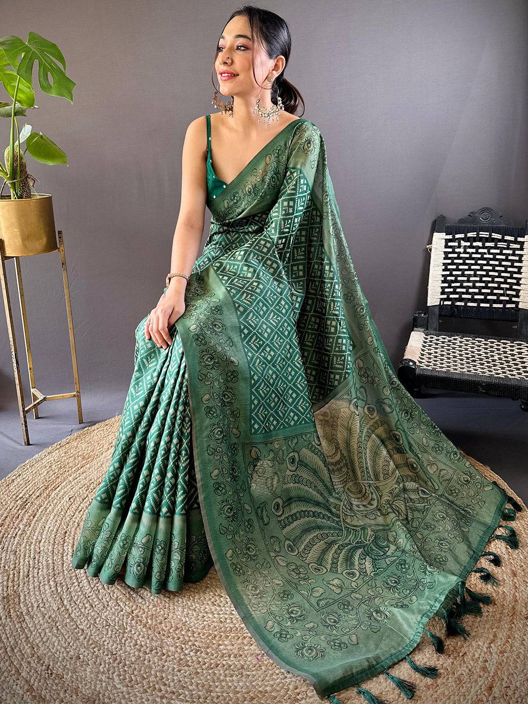 Bottle Green Patola Kalamkari Saree by My Store