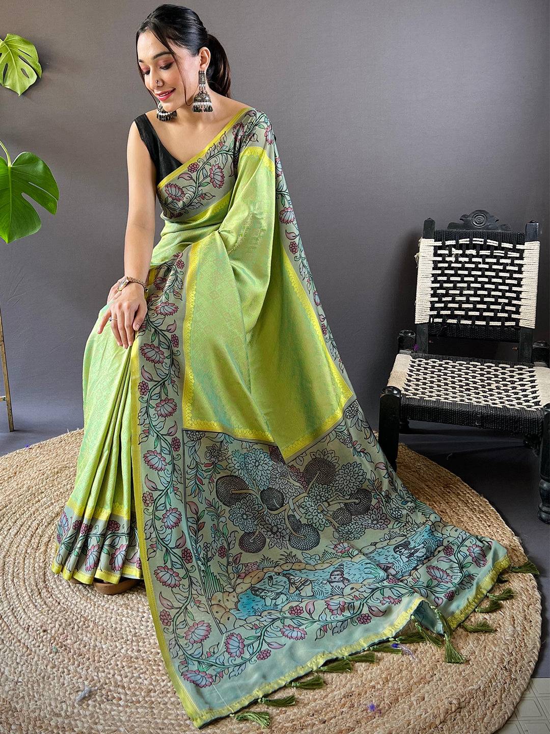 Lime Patola And Kalamkari Fusion Saree by My Store
