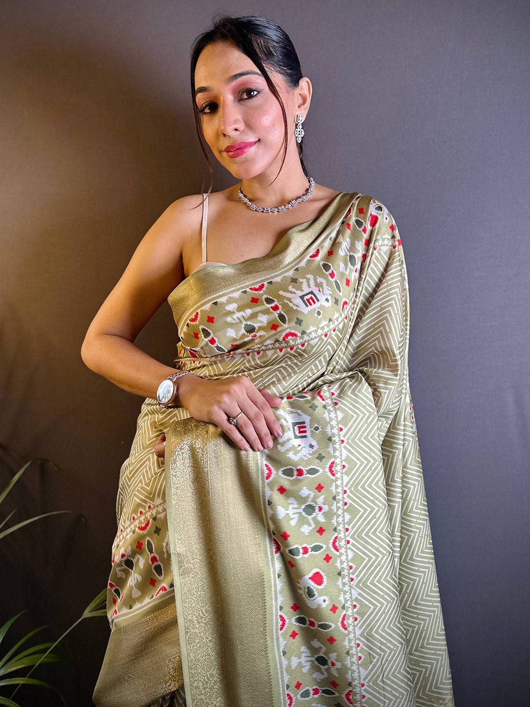 Olive Zig Zag Kalamkari Kanchi Silk Saree by My Store