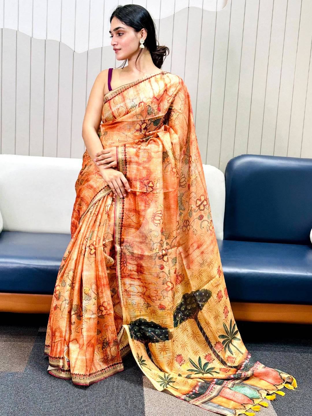 Orange Kota Doriya Silk Saree With Floral Print by My Store