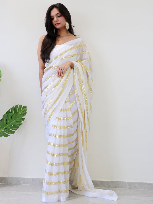Modern Elegance Georgette Saree with Striped Sequins Work and Solid Border by My Store