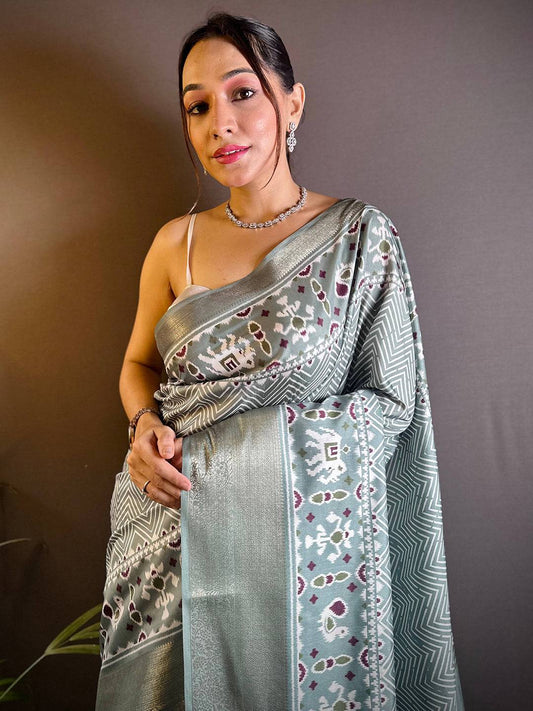 Light Blue Zig Zag Kalamkari Kanchi Silk Saree by My Store