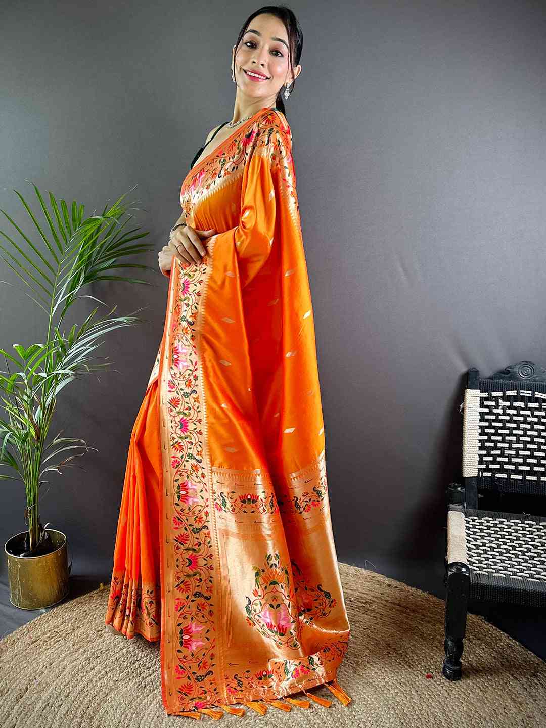 Orange Yevla Paithani Meenakari Saree by My Store