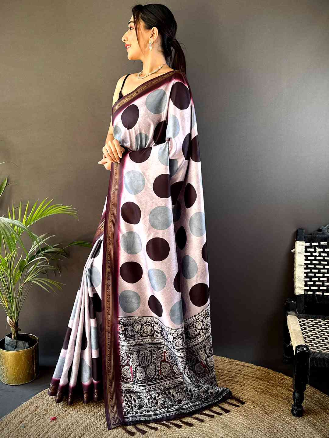 Lavender Soft Silk Polka Dot Print Saree by My Store