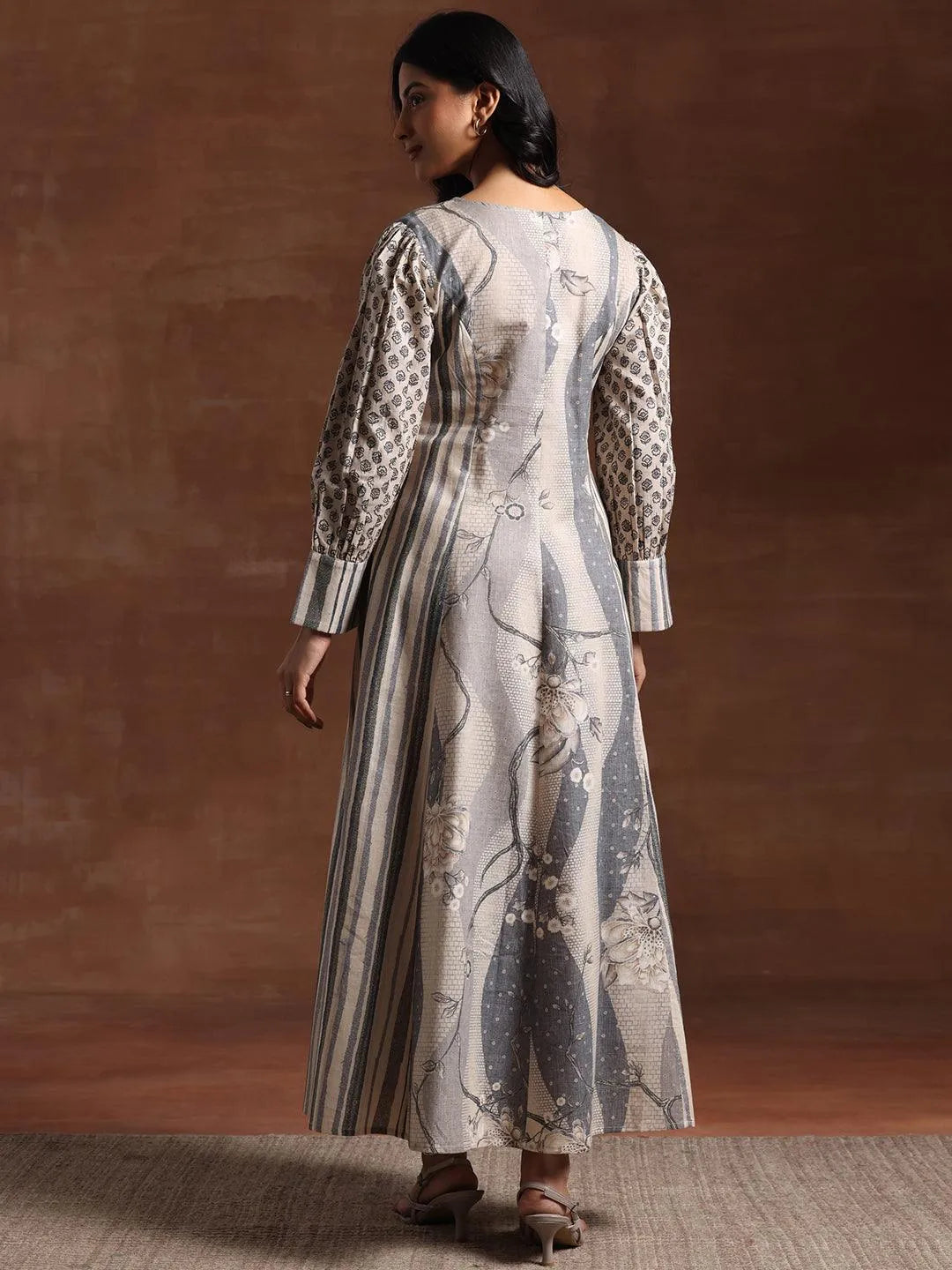 Off White Printed Cotton Blend A-Line Dress by My Store