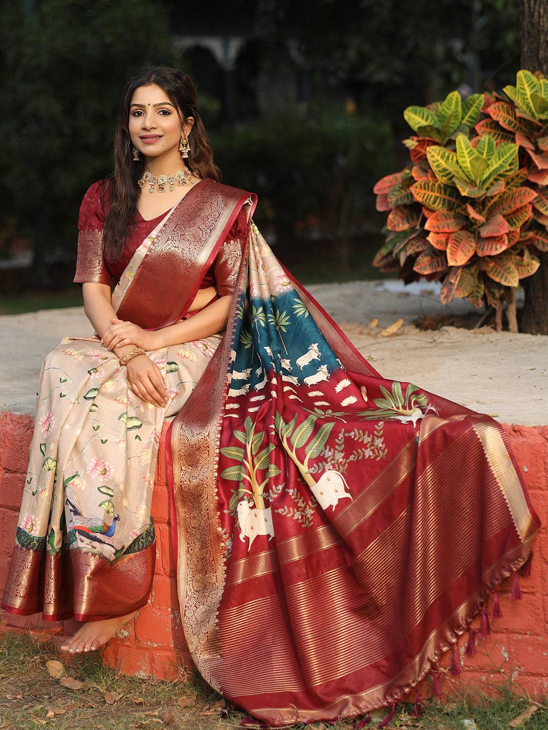 Viscose Dola Silk Beige Colour Saree with Floral and Pichwai Print - Luxe