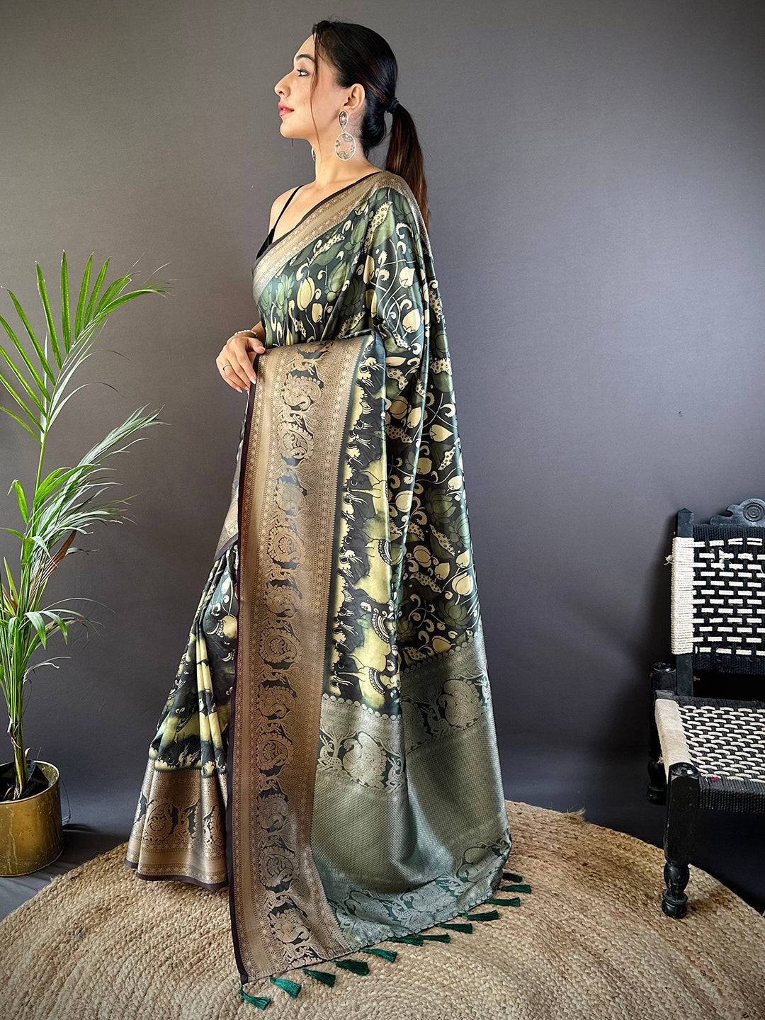 Bottle Green Soft Silk Kalamkari Saree by My Store