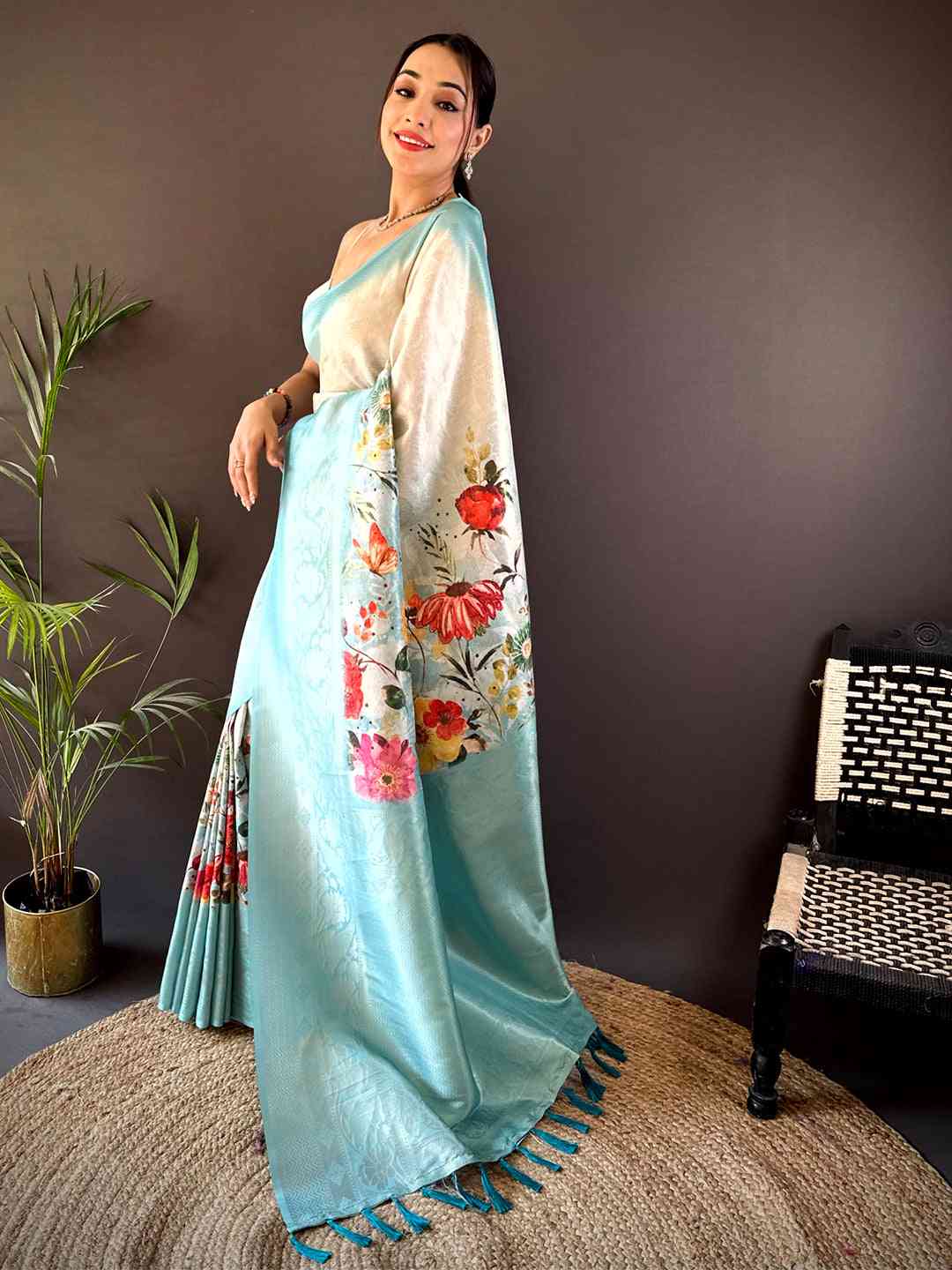 Ivory Kanjivaram Digital Silk Saree by My Store