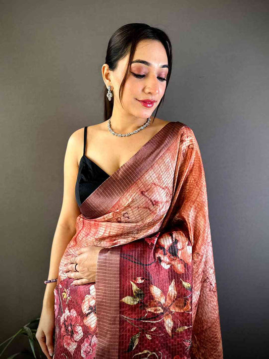 Rust Brown Tissue Chanderi Digital Check Saree by My Store