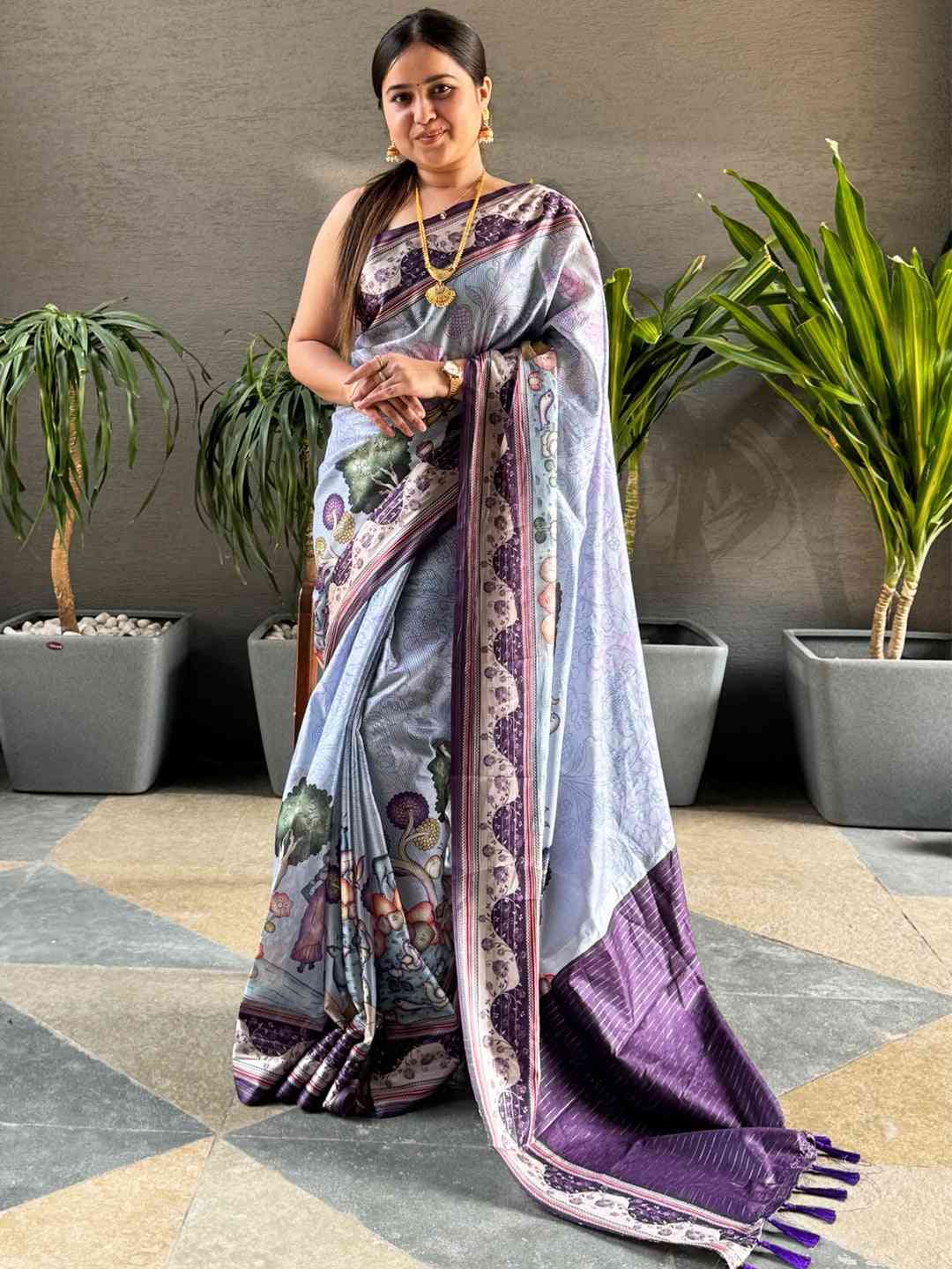 Lavender Colour Satin Kota Doria Digital Kalamkari Zari Pallu by My Store