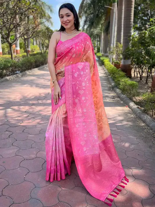 Beautiful Soft Slub Silk With Pure Zari And Lakhnavi Badla Weaving