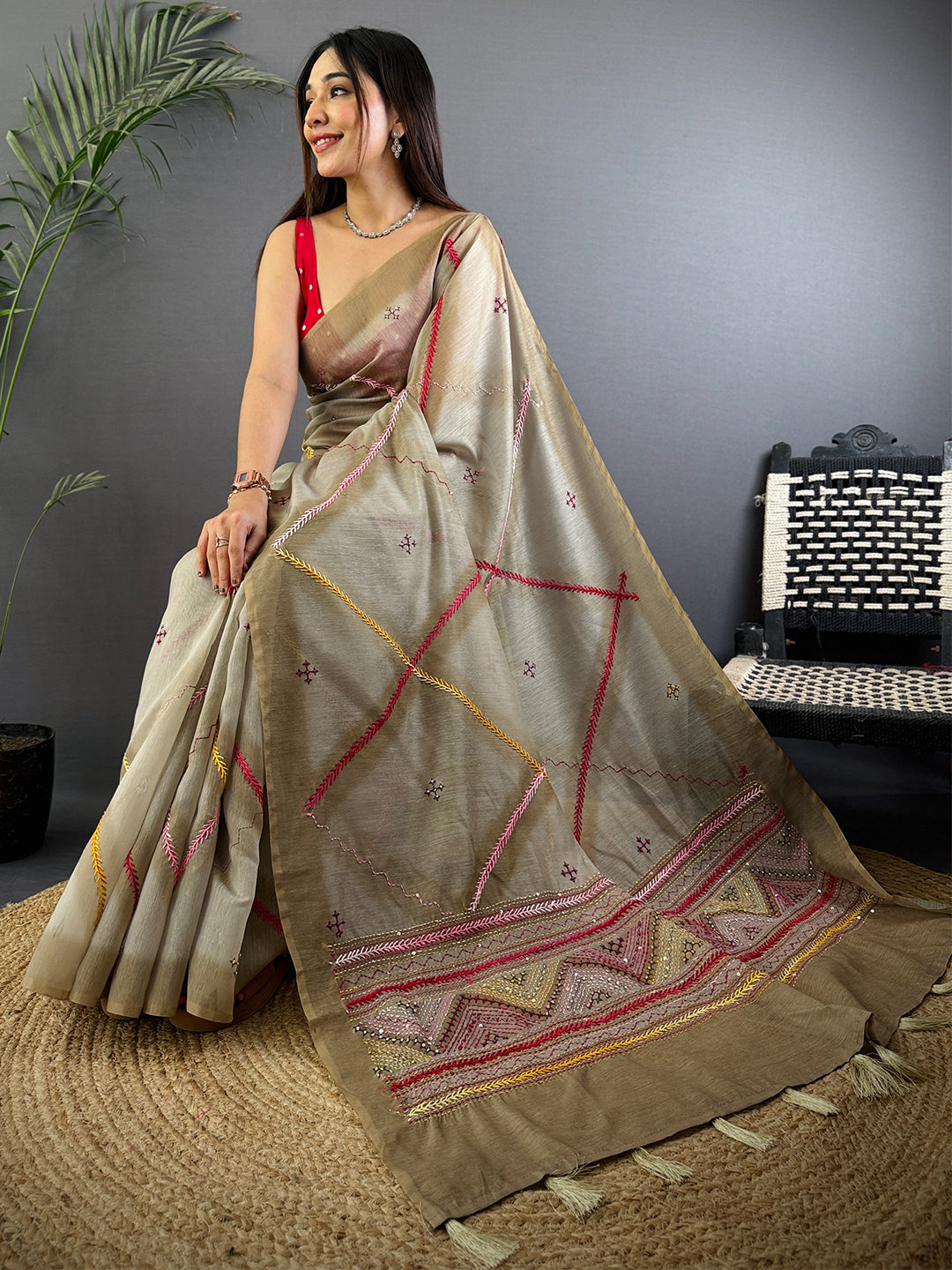 Pure Katha Stitch Tussar Silk Saree by My Store