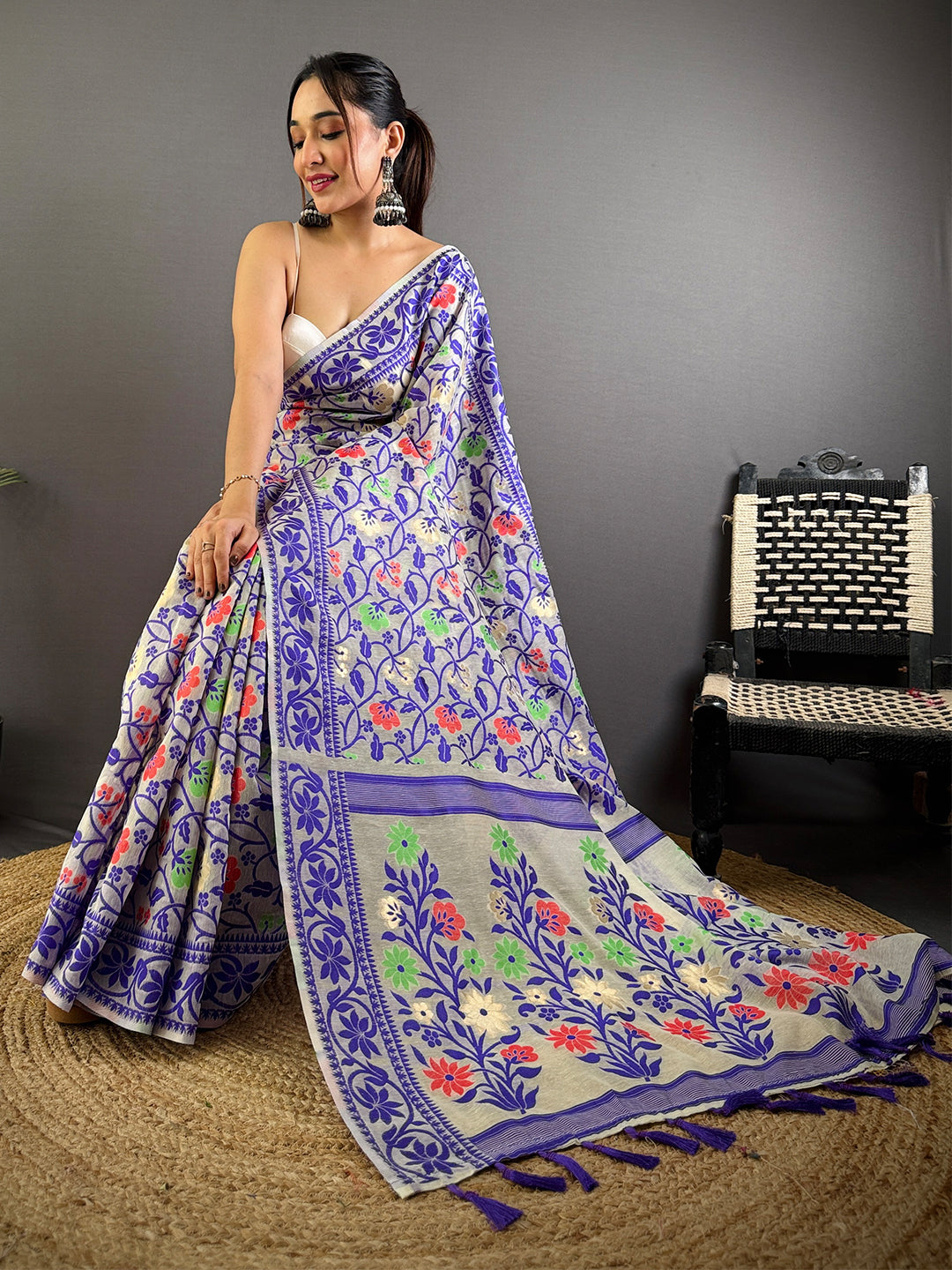 Purple Dhakai Jamdani Cotton Silk Saree by My Store
