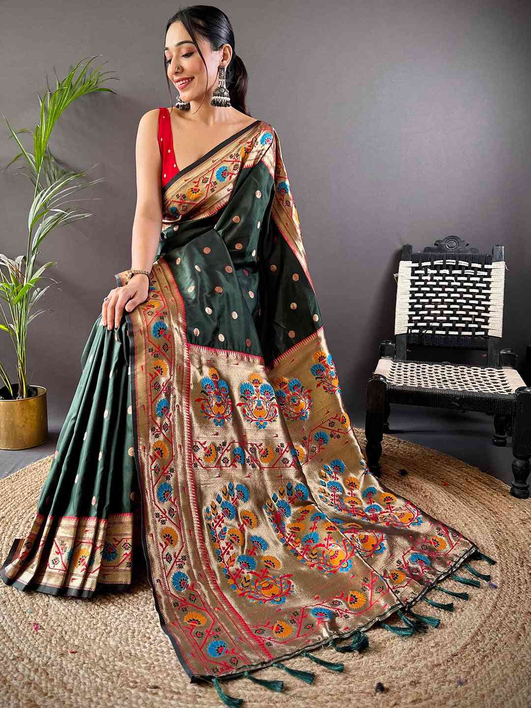 Dark Green Colour Yevla Paithani Soft Silk Saree by My Store