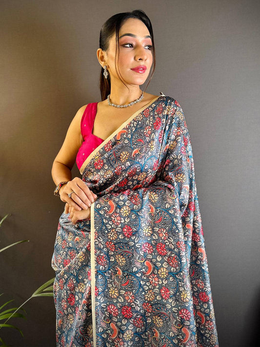 Smoke Grey Kalamkari Floral Print Gamthi Saree by My Store