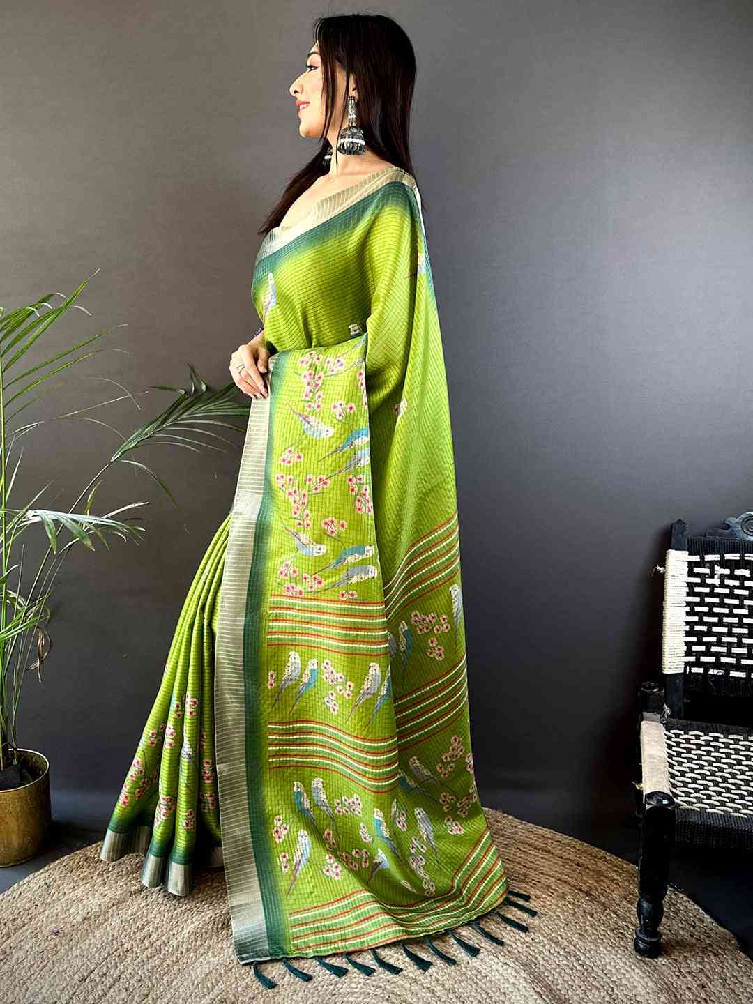 Green Chanderi Check Sparrow Print Saree by My Store