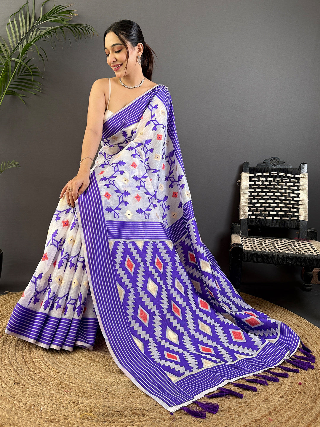Royal Purple Soft Dhakai Jamdani Silk Saree by My Store