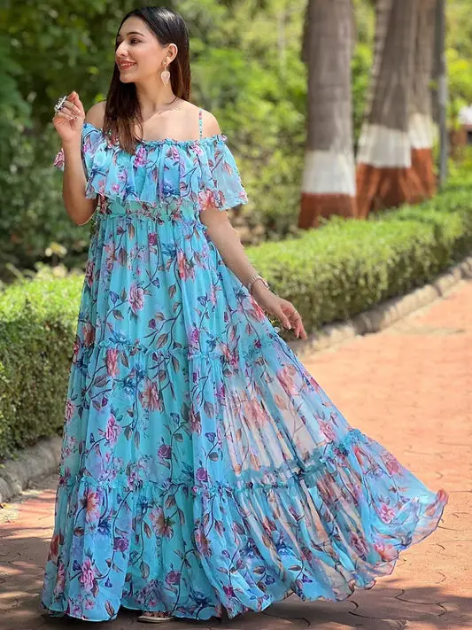 Tropical Breeze Blue Floral Maxi Dress