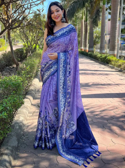 Satin Kota Doria Saree With Kalamkari Digital Print In Purple Colour by My Store