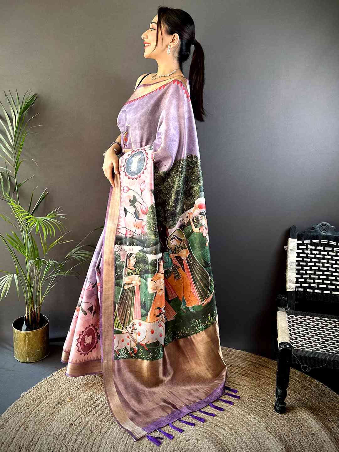 Lavender Soft Silk Tissue Pichwai Print Saree by My Store