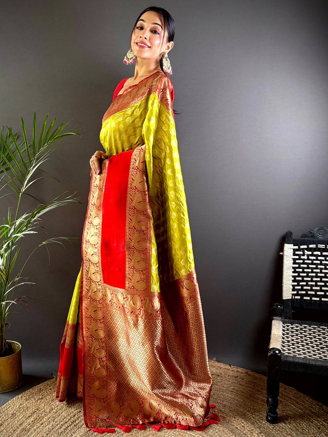 Lime Banarasi Silk Saree With Pattu Zari Border by My Store