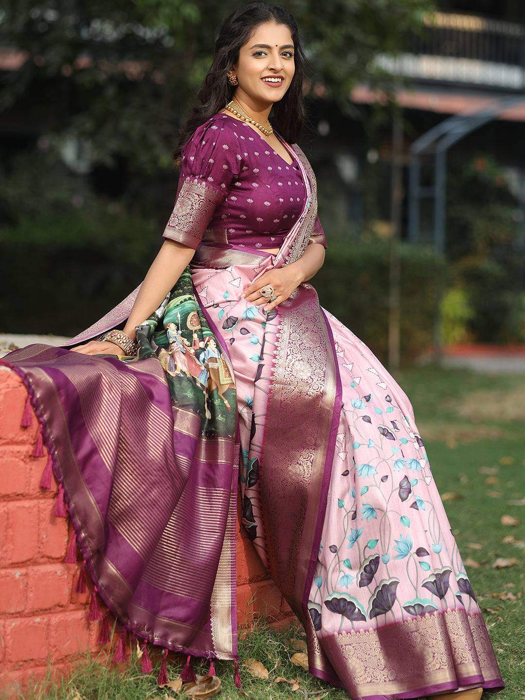 Viscose Dola Silk Pink Colour Saree with Floral and Mughal Print - Luxe