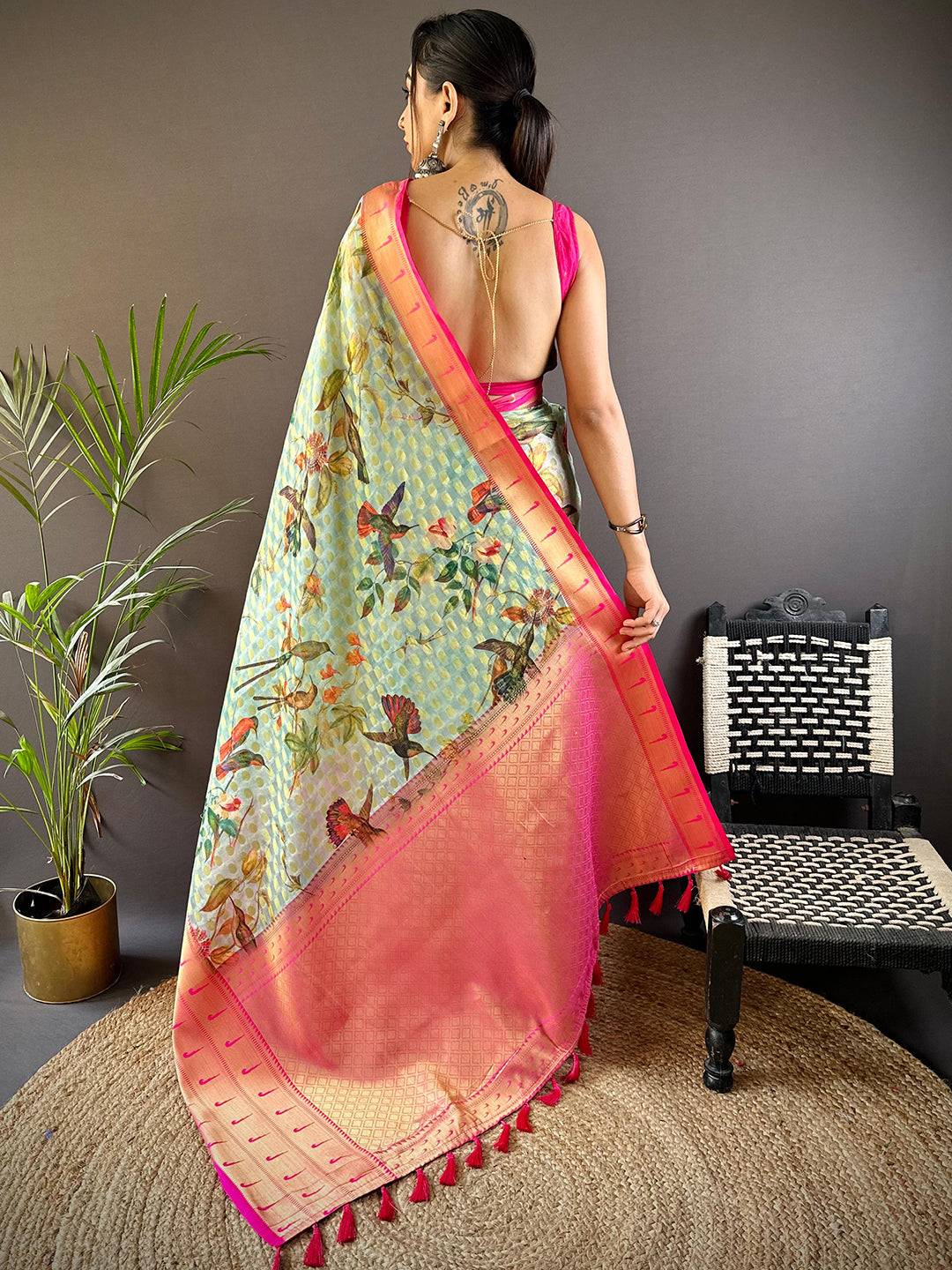 Mint Green Paithani Kora Silk Saree by My Store