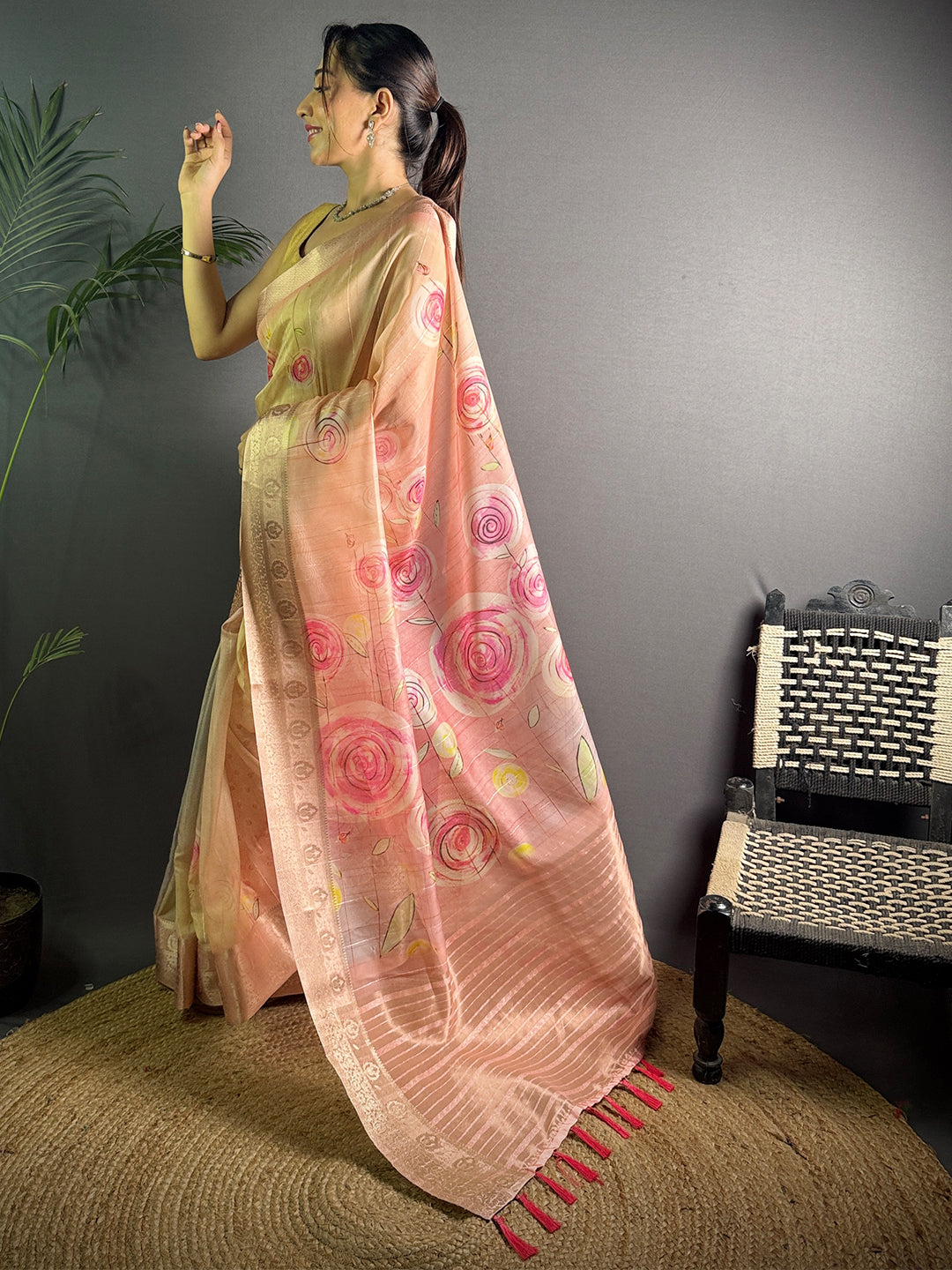 Light Pink Soft Organza Silk Floral Saree by My Store