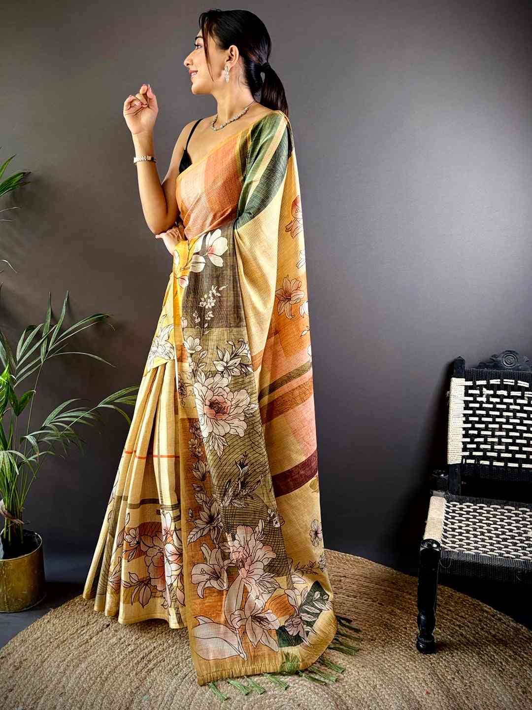 Light Yellow Tussar Zari Floral Saree by My Store