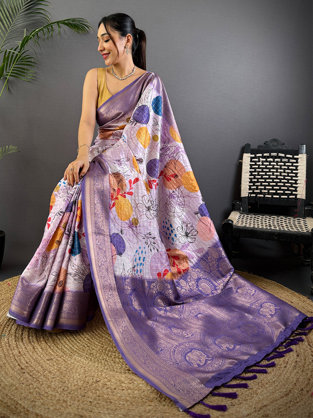 Lavender Freehand Design Gadwal Saree by My Store