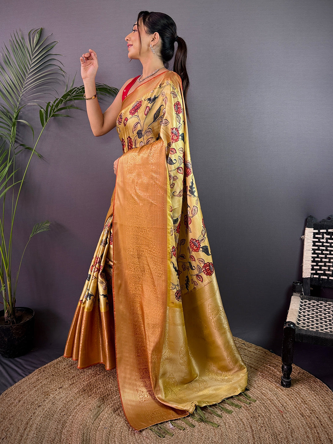 Lemon Yellow Cherry Satin Kalamkari Saree by My Store
