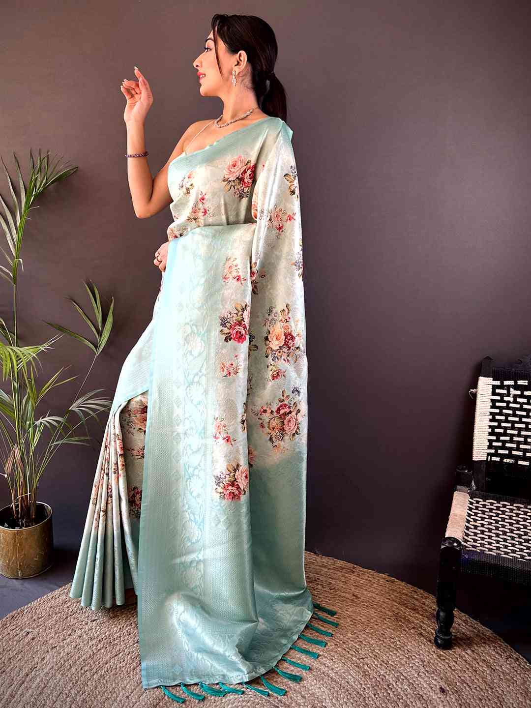 Mint Green Kanjivaram Digital Silk Saree by My Store