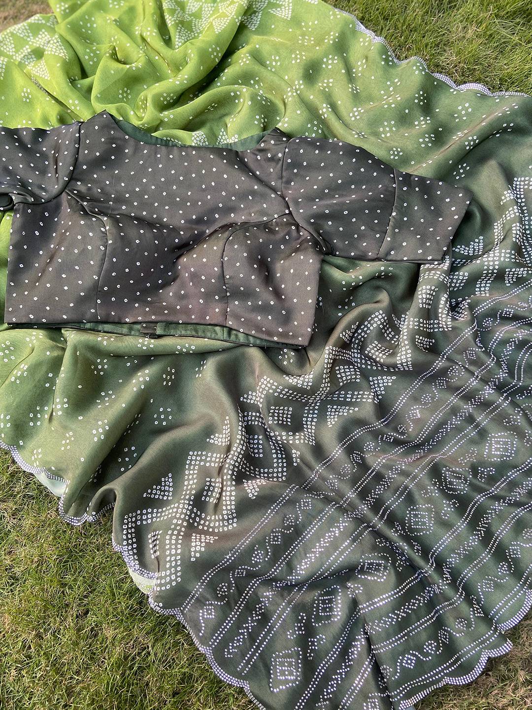Green Georgette Silk Saree with Ombre Bandhej Print & Swaroski Stone Work by My Store