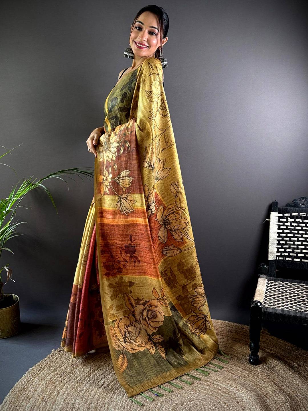 Mehndi Green Semi Gold Zari Tussar Saree by My Store