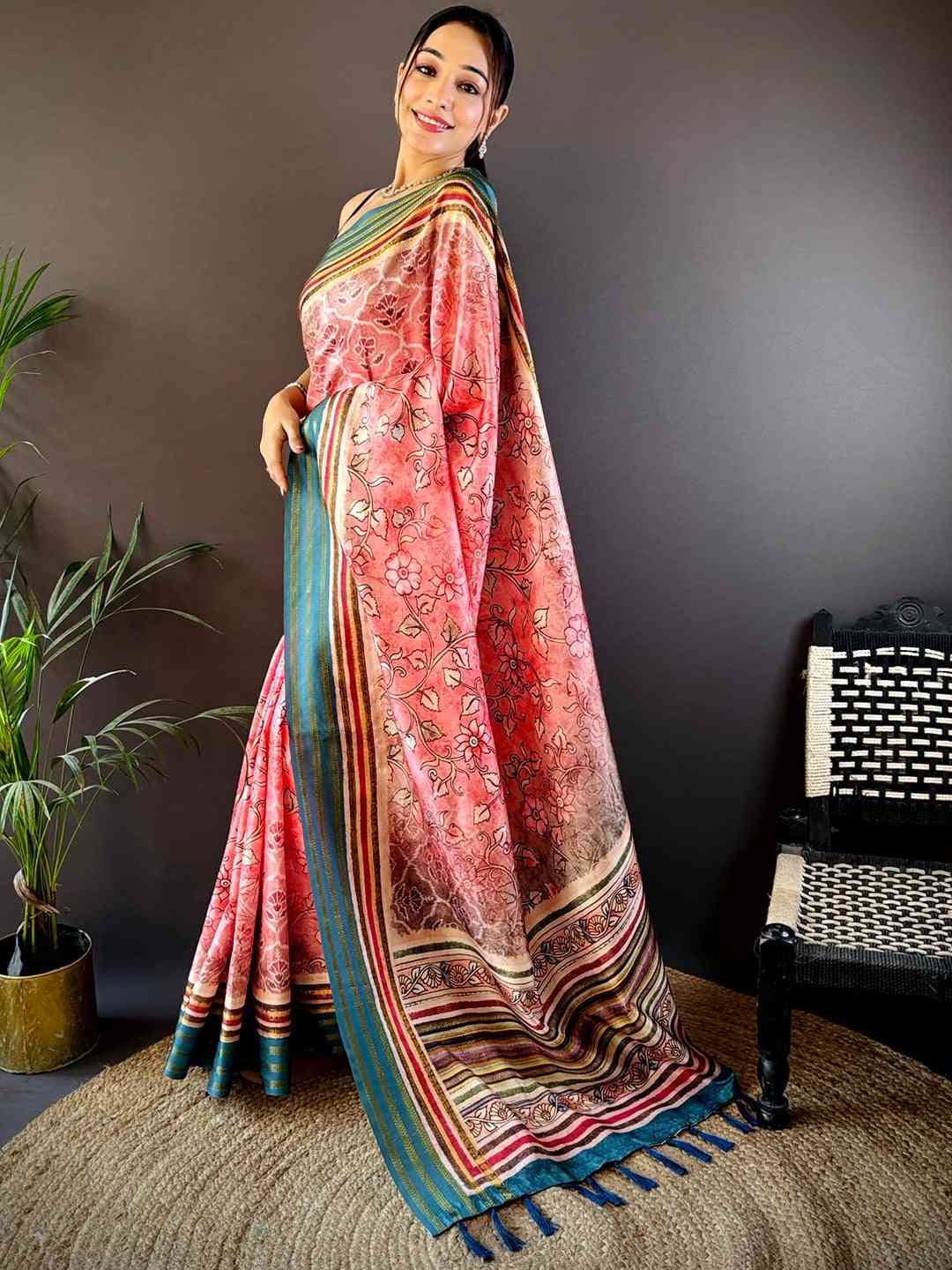Baby Pink Kalamkari Floral Printed Silk Saree