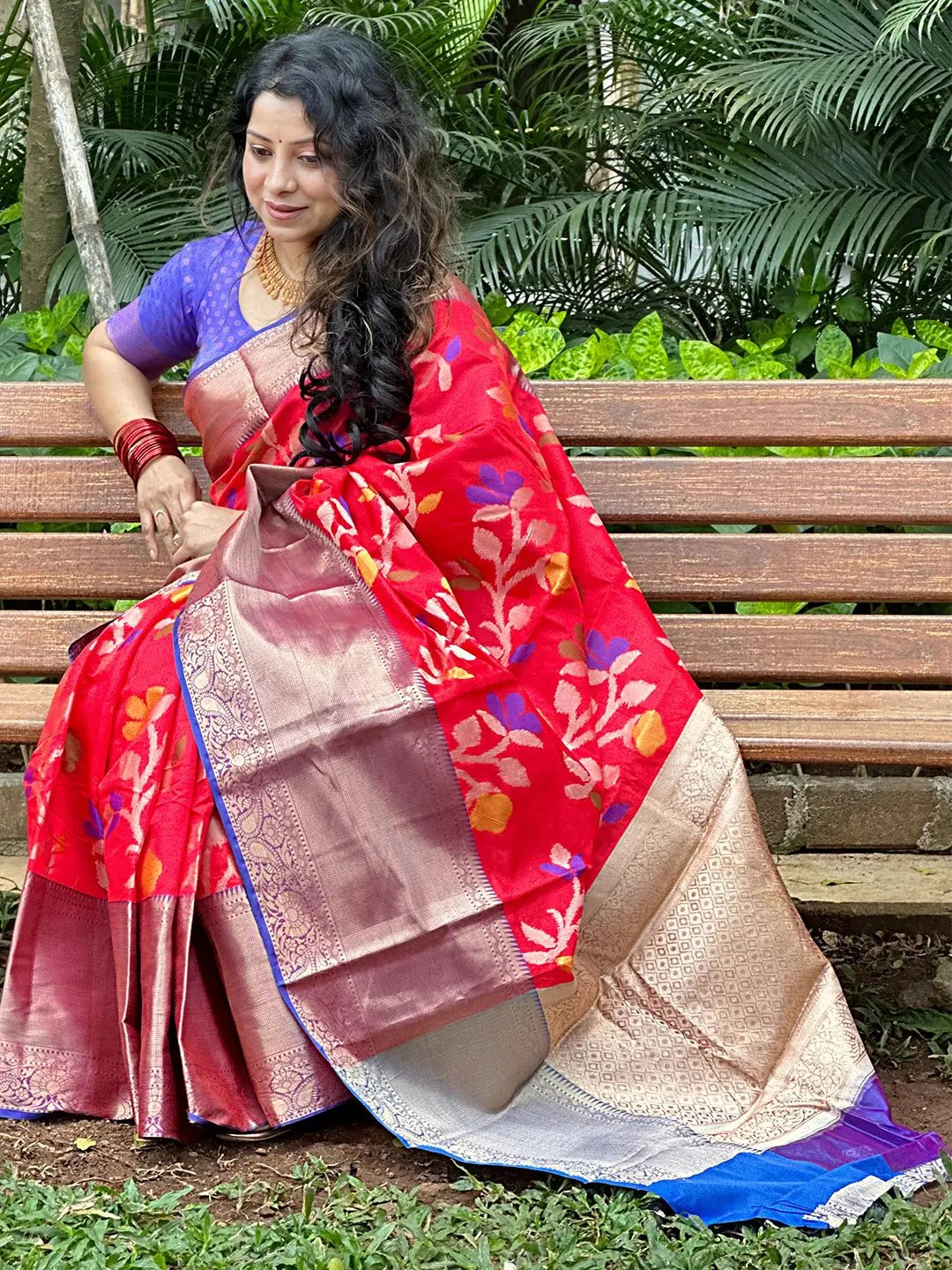 Banarasi Red Minakari Ikkat Print Saree by My Store