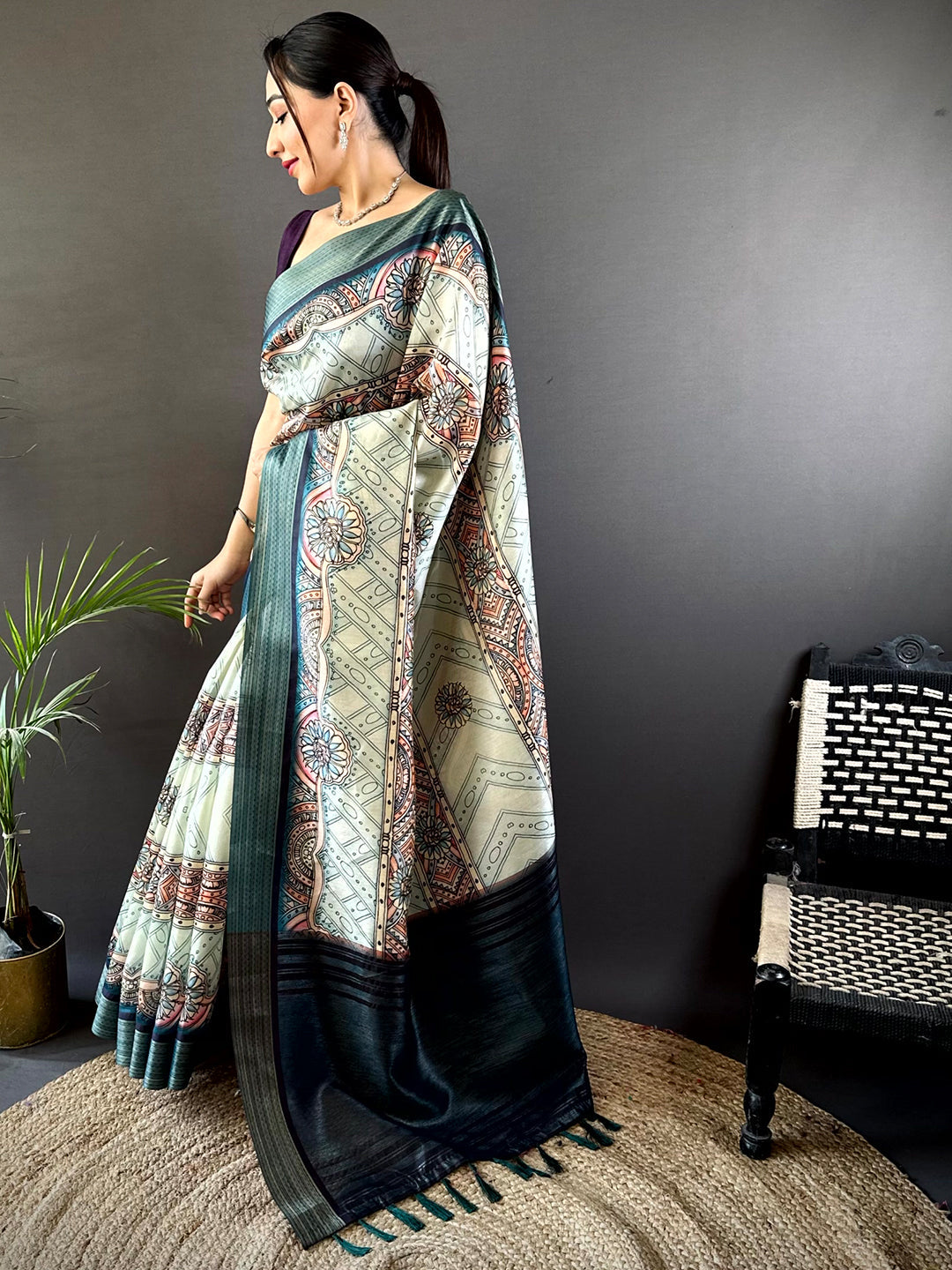 Off White Digital Kalamkari Printed Tussar Silk Saree by My Store