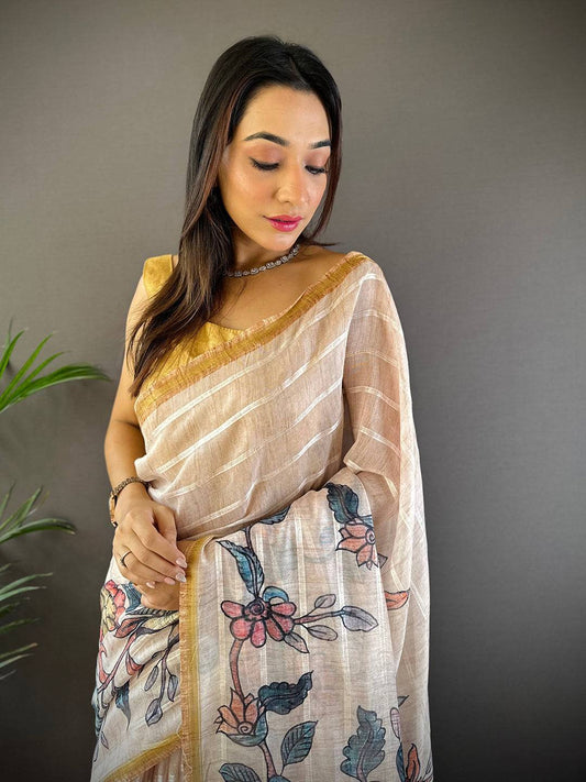 Floral Elegance Linen Chanderi Saree by My Store