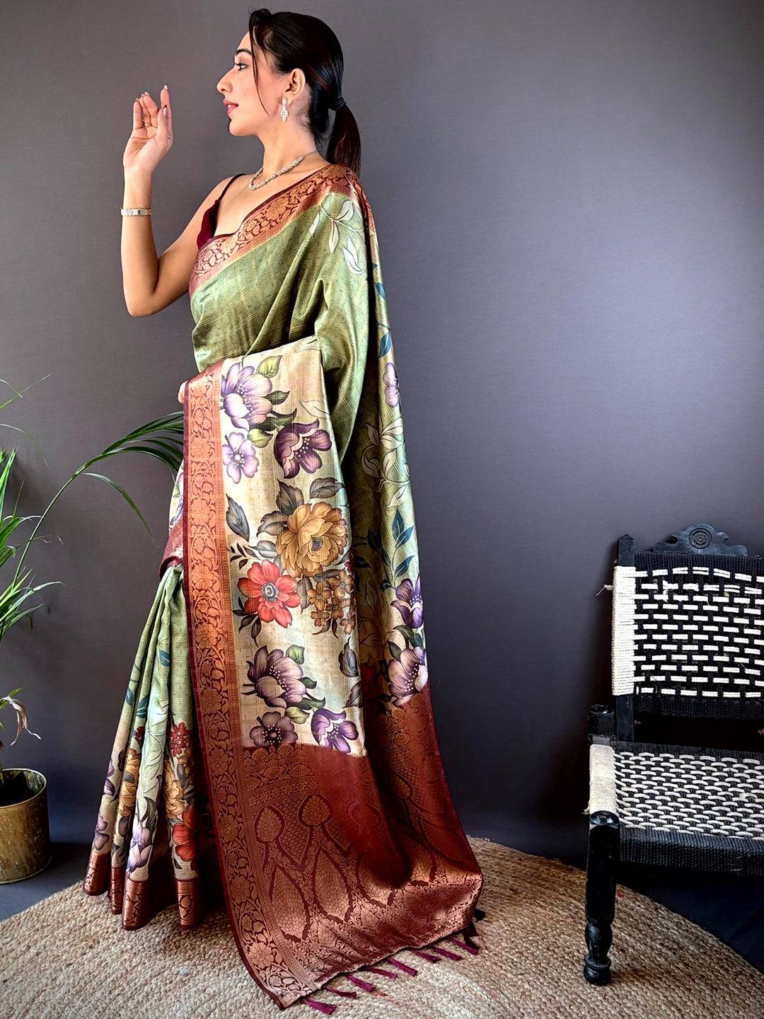 Olive Ombre Floral Digital Print Saree by My Store
