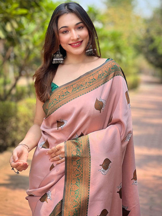 Light Pink Kanjivaram Tissue Saree With Gold Zari Weaving by My Store