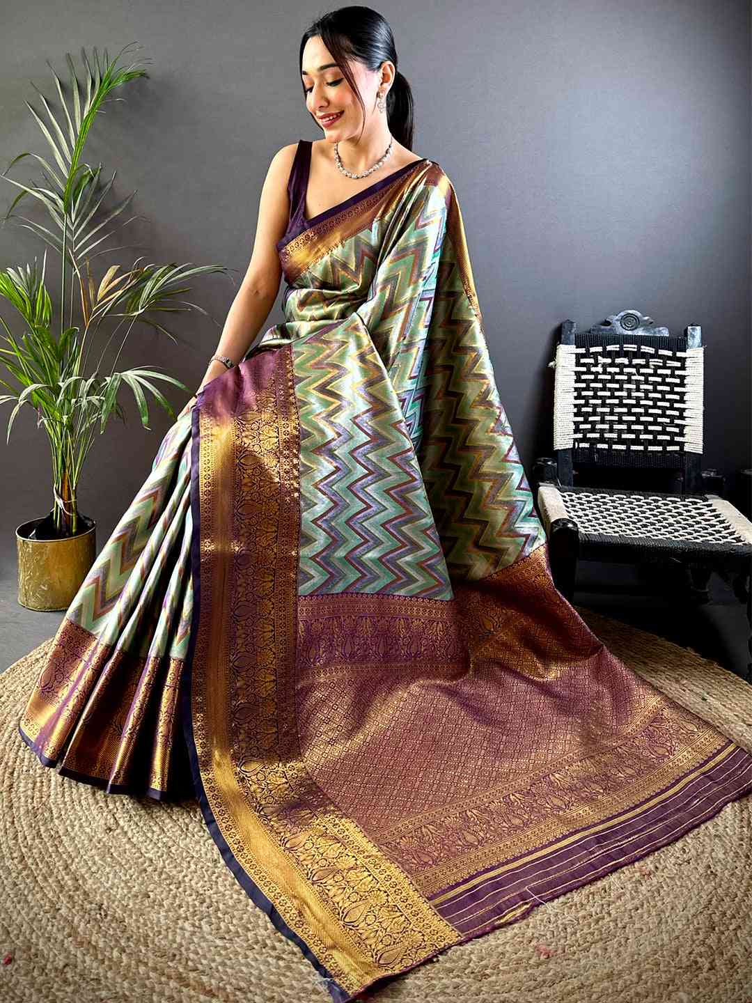 Majestic Brown Zigzag Dharmavaram Silk Saree by My Store