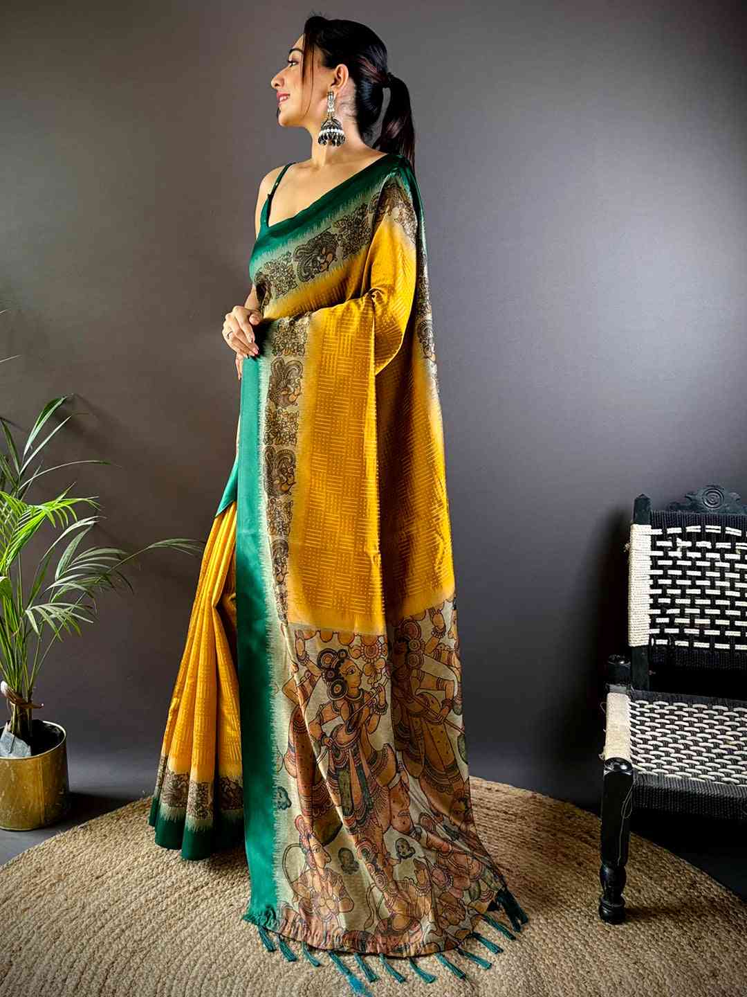 Mustard Soft Silk Kalamkari Pallu Saree by My Store