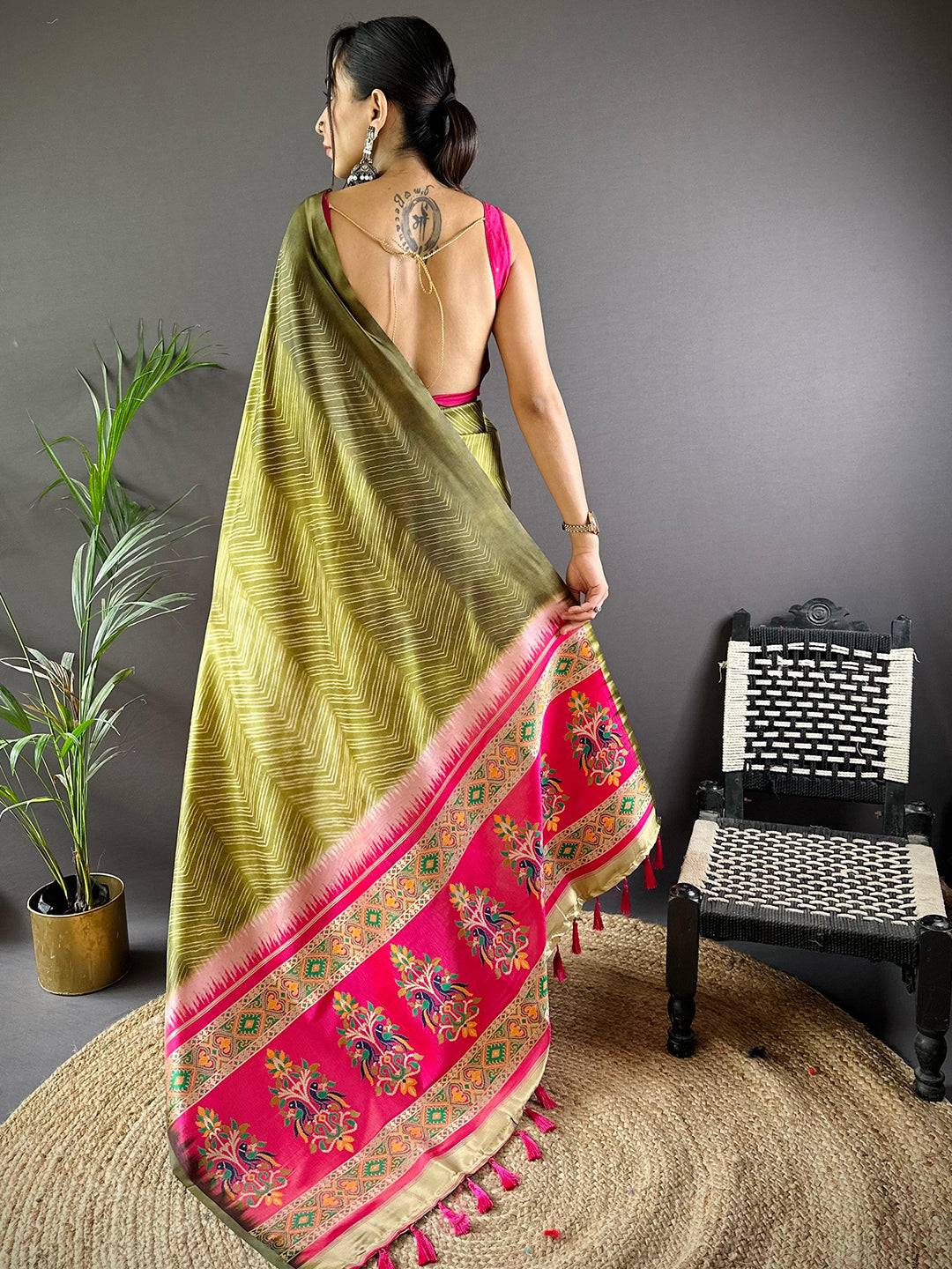 Olive Leheriya Gamthi Silk Sarees by My Store