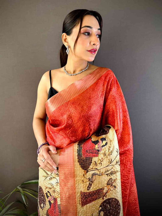 Red Kalamkari Pichwai Black Check Saree by My Store