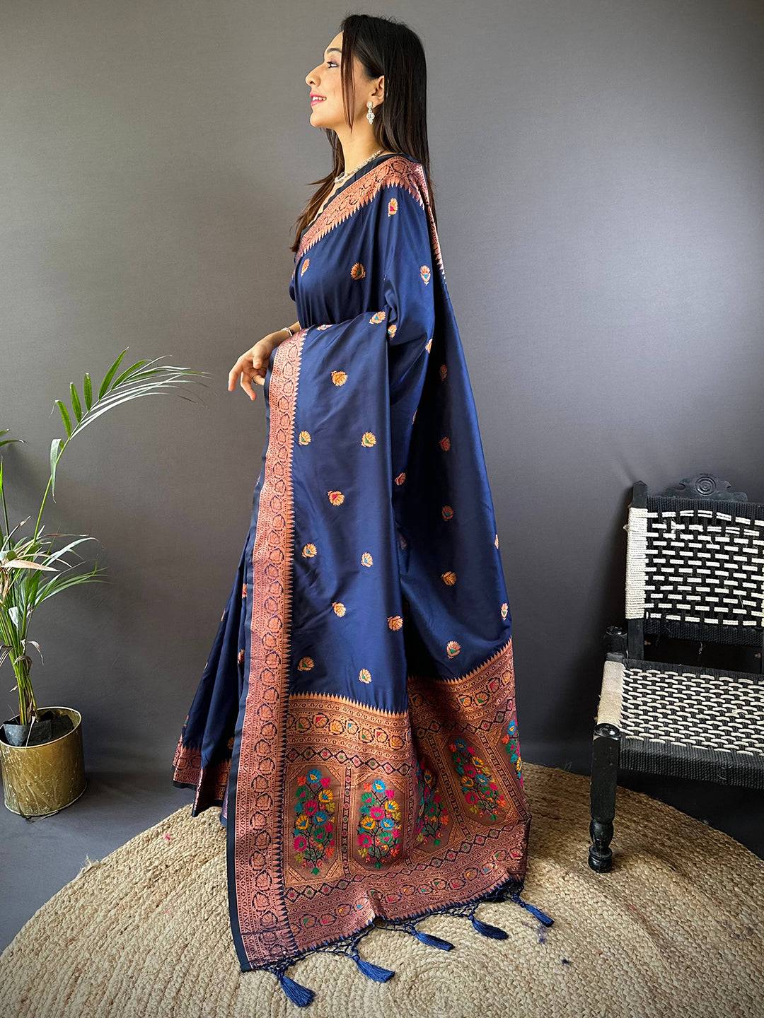 Navy Blue Soft Silk Coppar Zari Weaving Saree by My Store